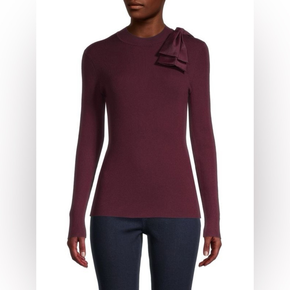 Ted Baker Plum Ribbed Mock Neck Sweater with Shoulder Bow - Picture 2 of 10